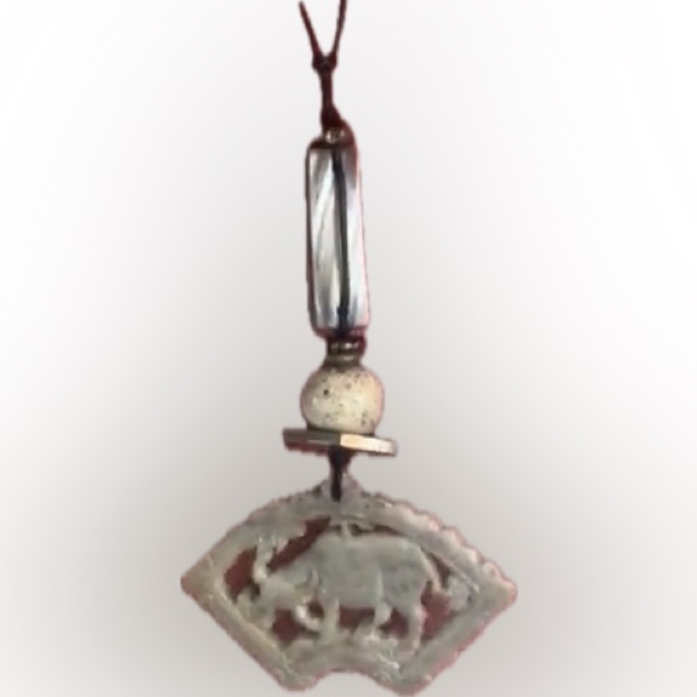 Ragamuffin Couture necklace carved stone water buffalo, beads, leather cord OOAK